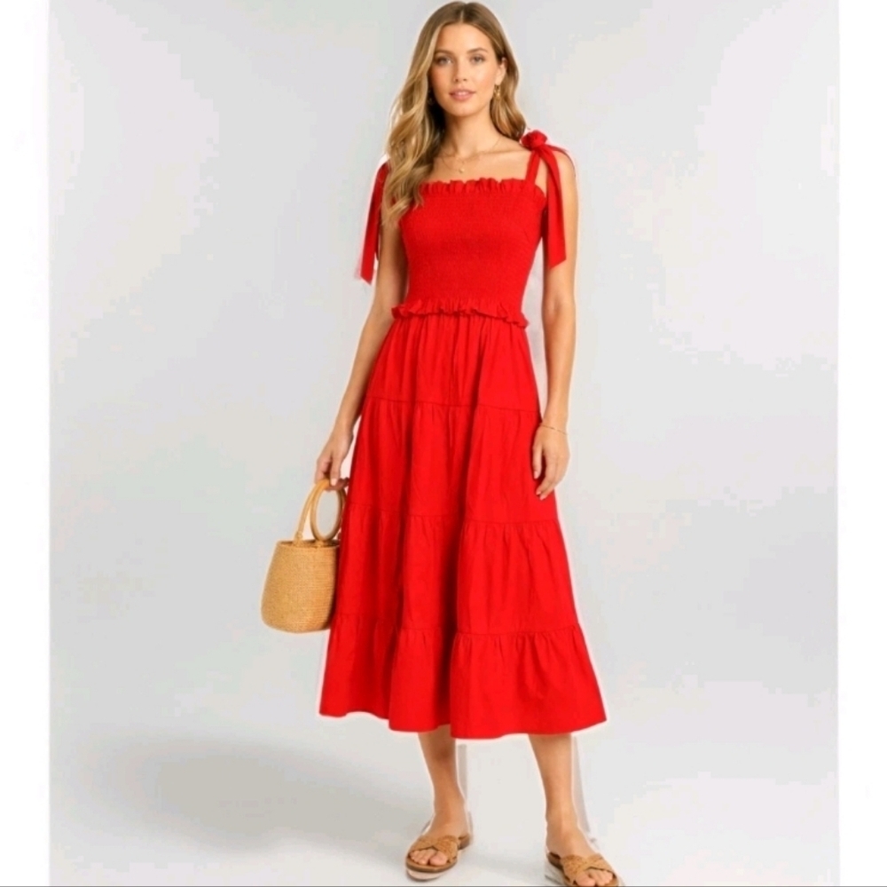 Tuckernuck Alannah Poppy Red Smocked Tiered Midi Dress Size M